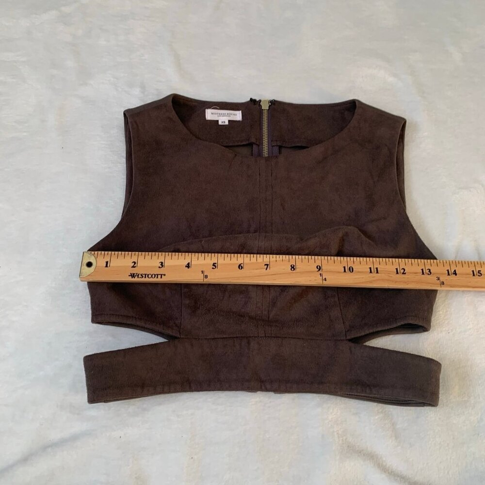 Mistress Rocks Crop Top Women XS Brown Faux Suede Cut Out Sleeveless Zip Back - Picture 7 of 8